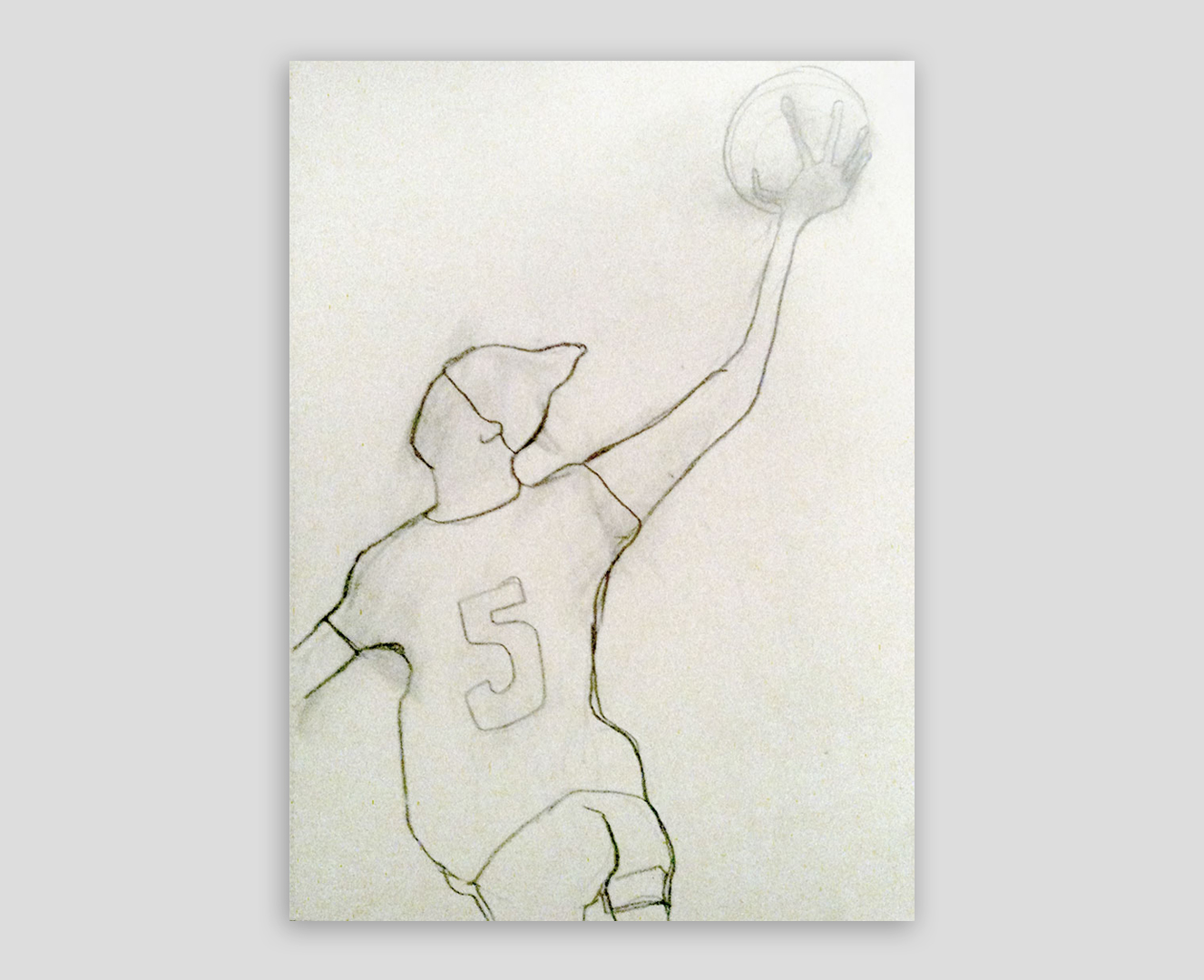 Pencil drawing of male basketball player dunking live during game at Basketball City (at Chelsea Piers); Copyright Jane Rubin circa 1998 - 2002