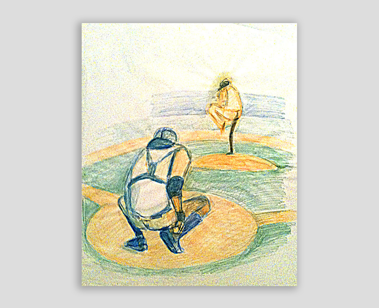 Watercolor of pitcher and catcher painted live at Yankee Stadium in 2011. Copyright Jane Rubin 2011.