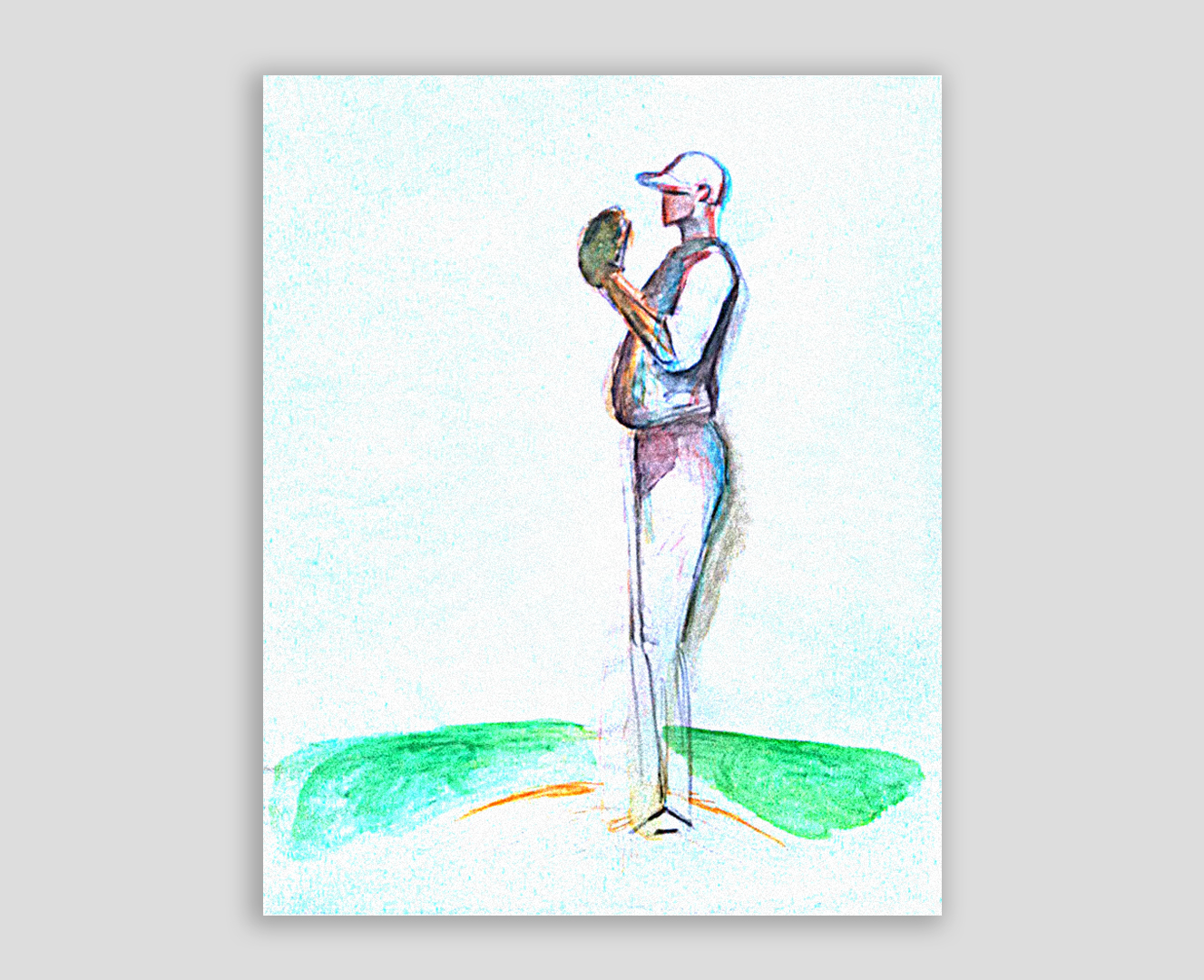 Watercolor of right-handed starting pitcher painted live while he was pitching at Yankee Stadium in 2012. Copyright Jane Rubin 2012.