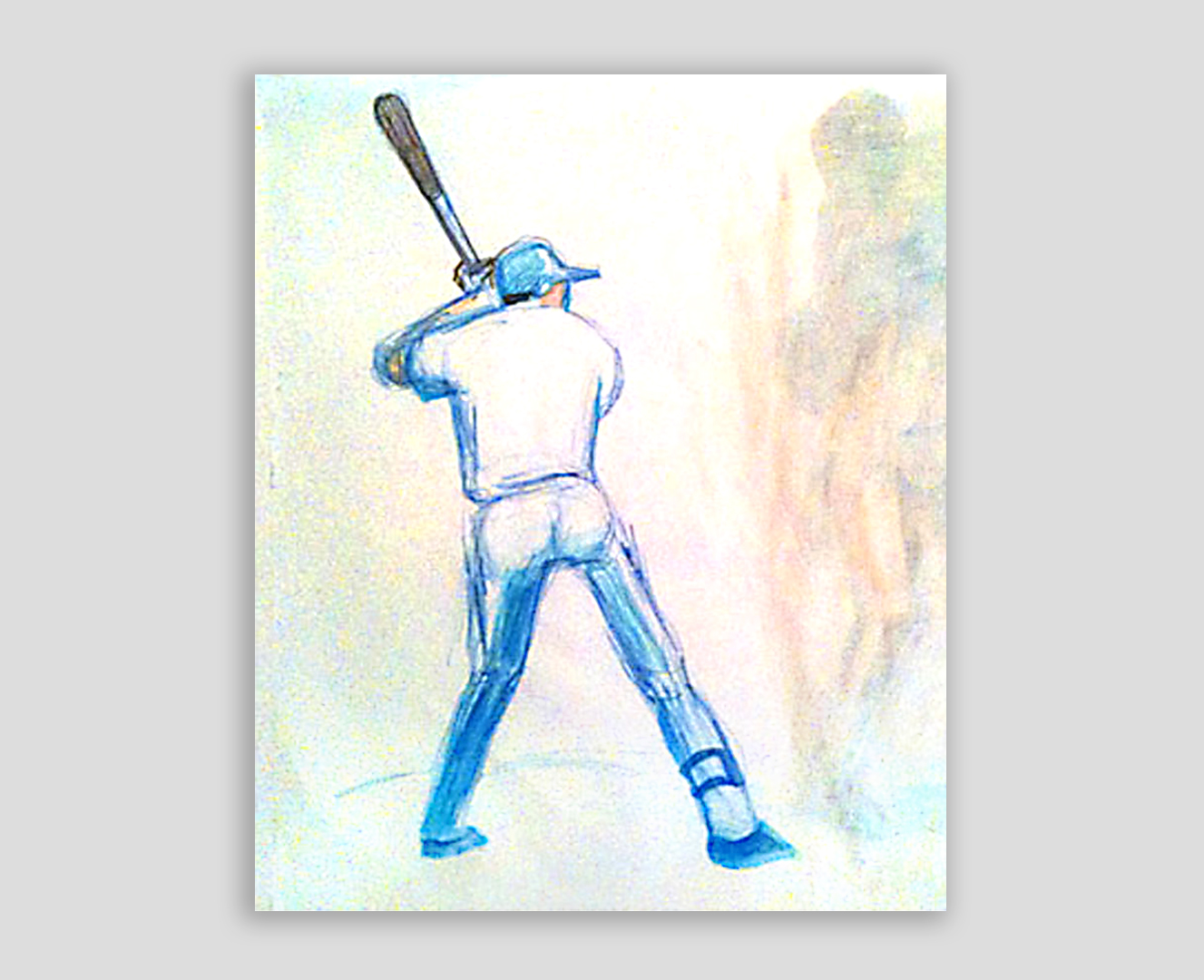 Watercolor of switch hitter batting left at Yankee Stadium in 2012. Copyright Jane Rubin 2012.