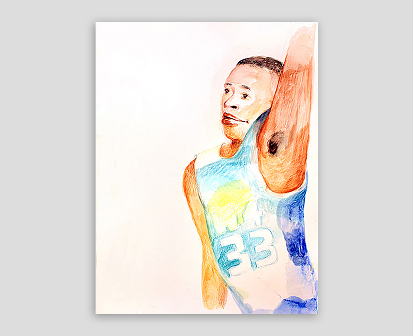 Watercolor of John Strickland dunking painted live at Kenny Graham's West 4 Street Pro Basketball Championship; Copyright Jane Rubin 2005