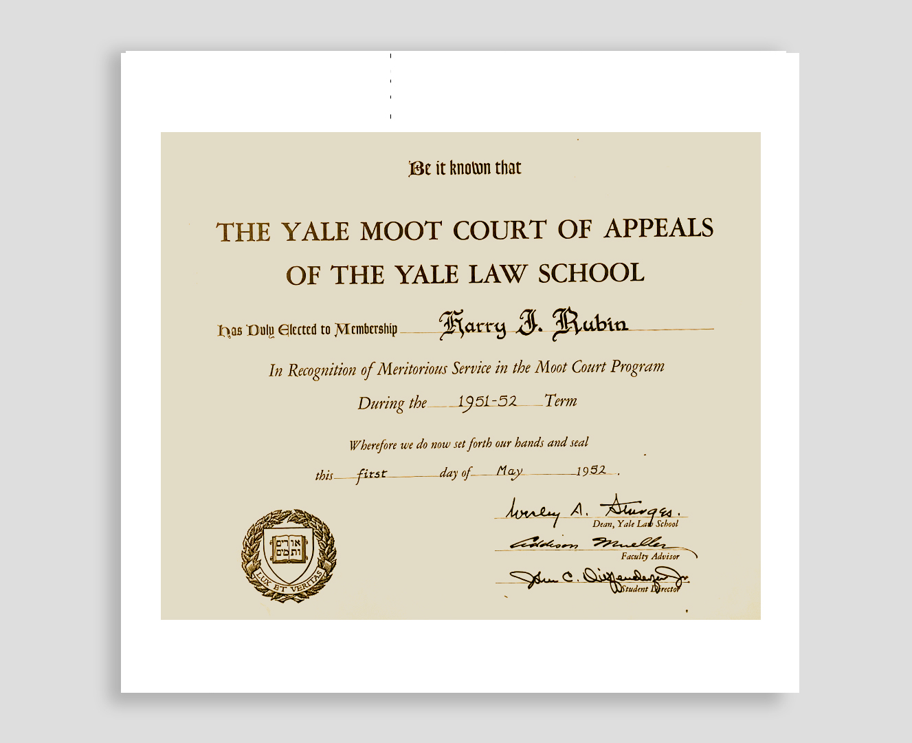 Harry Jay 'Bud' Rubin was elected to the Yale Moot Court during his second year of law school, on May 1, 1952.
