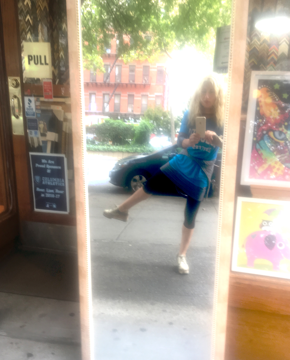 Jane Rubin, Dancer, Choreographer, Painter and Composer performing modern dance improv on upper Broadway near her alma mater, Columbia University, in 2017. Copyright Jane Rubin 2017.