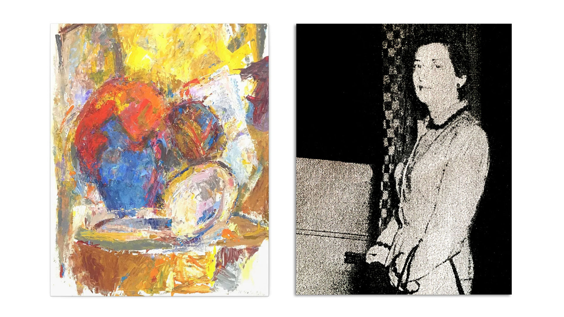 Late semi-abstract still life painting by Mildred Chalrap Cohen and photo of Mildred Charlap Cohen in her 30s.