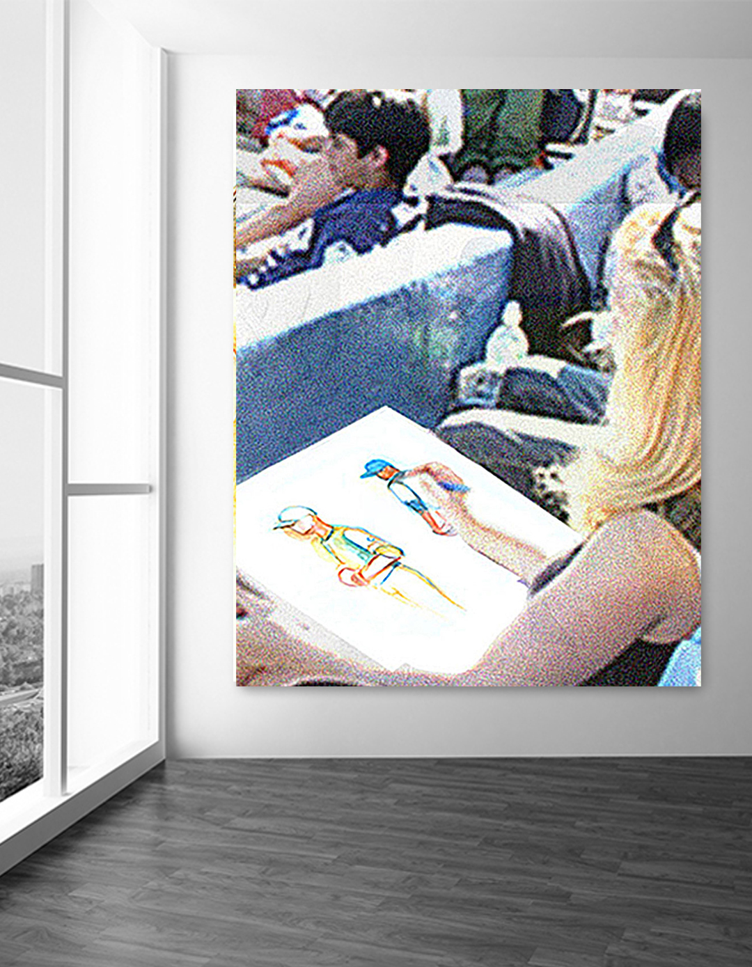 Watercolor painting of John Strickland playing basketball painted in real time at the West 4th Basketball Championship Game in 2005. Copyright Artist Jane Rubin 2005