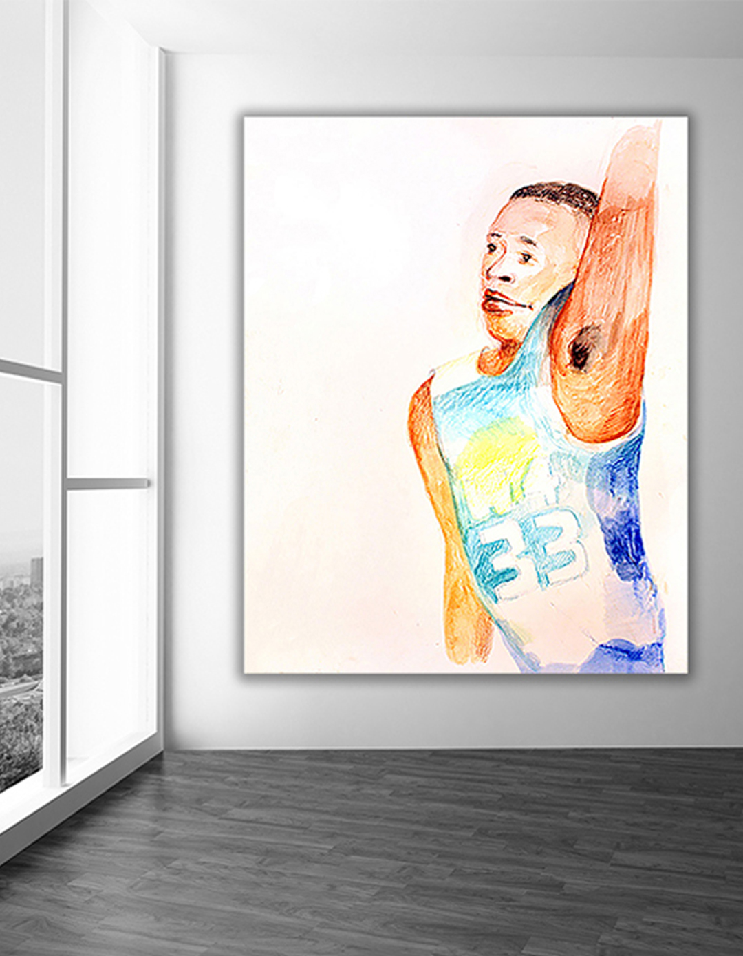 Watercolor painting of John Strickland playing basketball painted in real time at the West 4th Basketball Championship Game in 2005. Copyright Artist Jane Rubin 2005